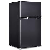 GOPLUS 85L Kühlschrank mit Gefrierfach, Standkühlschrank mit 2 Türen & Verstellbaren Füßen & LED-Leuchten,…